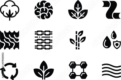 Cotton Wool Hemp Bamboo Fiber Texture Eco Icons Water Resistant and Recycle Symbol Vector