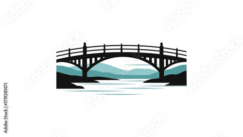 A detailed illustration of a bridge spanning over a body of water, with mountains in the background.