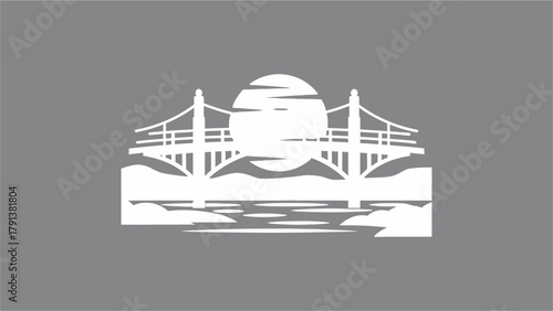 White silhouette of a large suspension bridge with a rising sun and water reflections on a grey background.