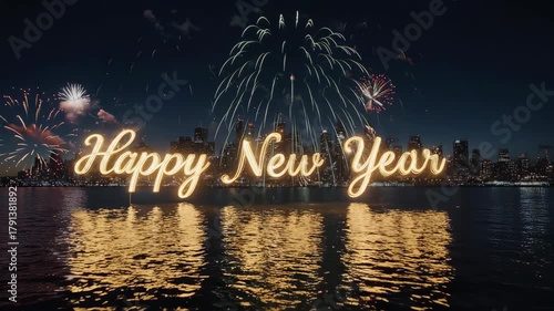 Happy New Year City Skyline Fireworks Celebration Reflection