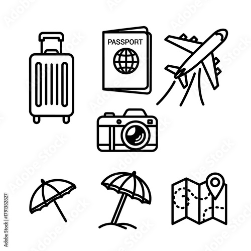 Diverse collection of line art travel and vacation icons suitcase, passport, airplane, camera, beach umbrellas, and map. Ideal for holiday planning and tourism projects
