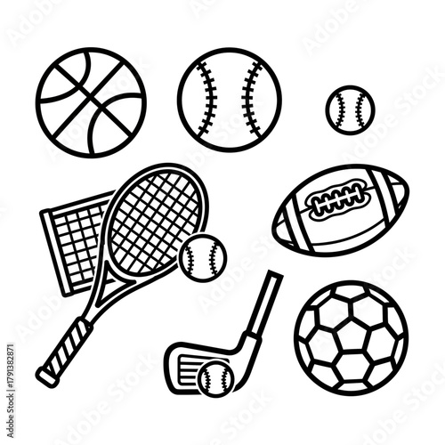Sports Equipment Line Art Collection Tennis, Basketball, Baseball, Football, Golf