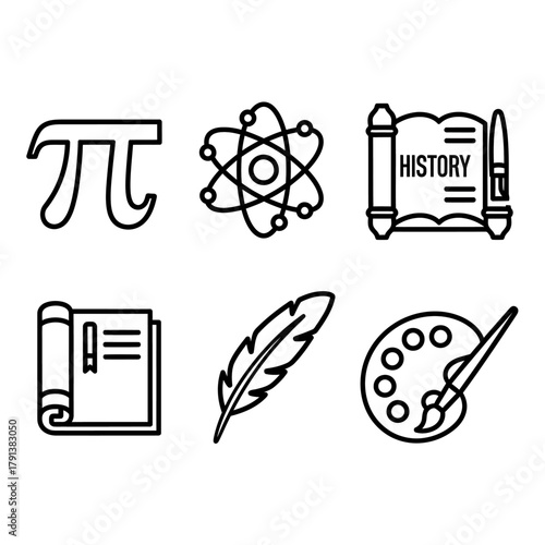 Vector icon collection illustrating a mix of academic disciplines from science and math to creative arts and history