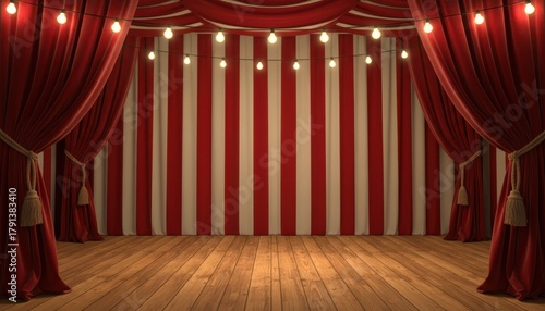 Empty vintage circus or theater stage with red velvet curtains, striped backdrop, and festive string lights.