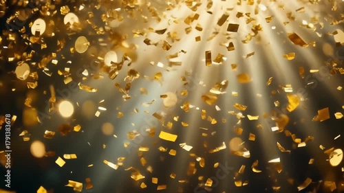 Golden Confetti Falling With Stage Light Rays Celebration Party