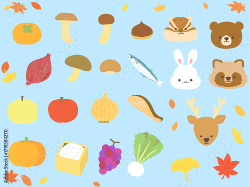 秋の食べ物と動物 手がきアイコンセット