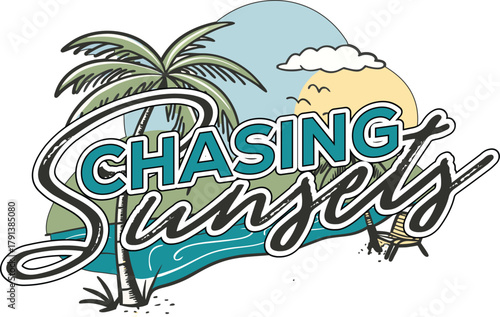Retro-Inspired Beach Design “Chasing Sunsets” With Circular Tropical Sunset, Palm Trees, Flip-Flops, And Glowing Sun Graphic