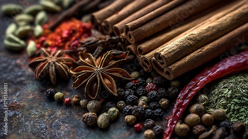 A close-up, high-detail macro shot of a variety of colorful whole spices (cinnamon sticks, star anise, dried chili, peppercorns) arranged artfully on a dark