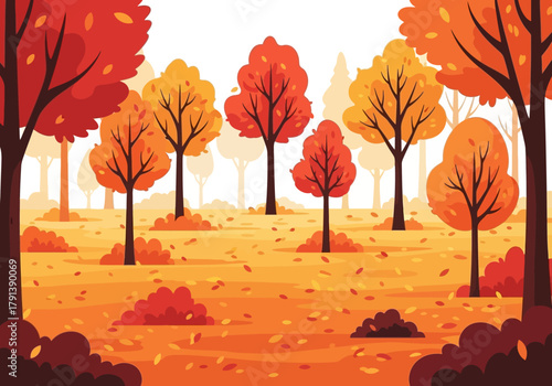 Stylized autumn forest scene with trees displaying red and orange foliage over a leafstrewn ground