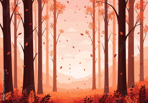 Stylized autumn forest scene with falling orange leaves and dark tree trunks