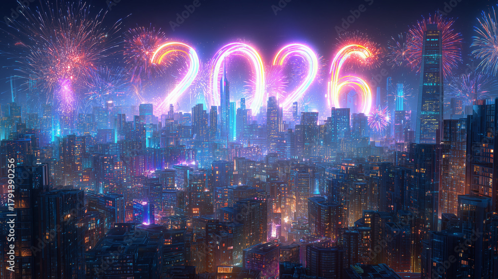 Obraz premium Bright neon year 2026 illuminated above a vibrant cityscape at night