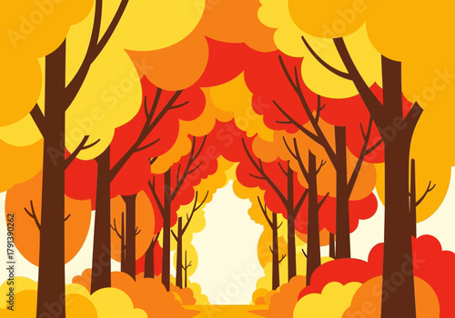 Stylized illustration of a treelined autumn path leading toward a bright opening