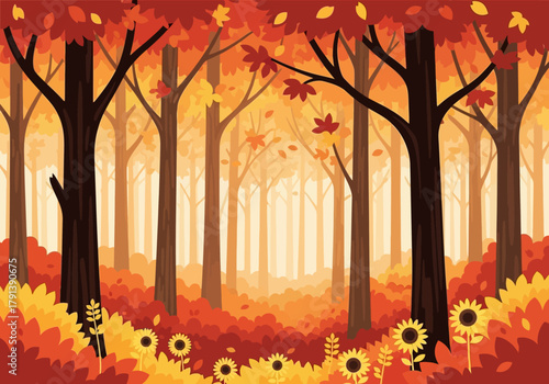Autumn forest scene with dark tree trunks vibrant foliage and sunflowers in the foreground
