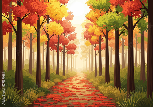 Autumn forest path covered in vibrant red fallen leaves leading toward bright light