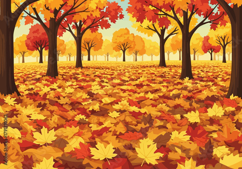 Forest floor covered in colorful fallen autumn leaves with tree trunks visible