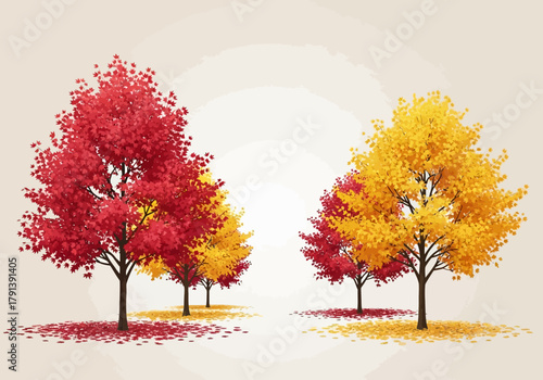 Illustration of vibrant red and yellow maple trees shedding leaves on a light background