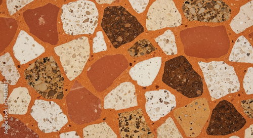Burnt orange terrazzo with terracotta, cream, and brown granite pieces, warm mediterranean style, Retro 70s style terrazzo pattern