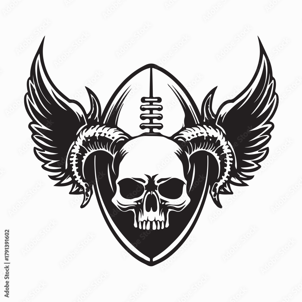 Obraz premium American Football Ball with Winged Skull Mascot Logo Vector