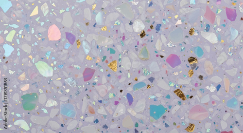Light lavender terrazzo background with shimmering holographic and gold flecks, Luxury pastel terrazzo surface, Modern abstract texture