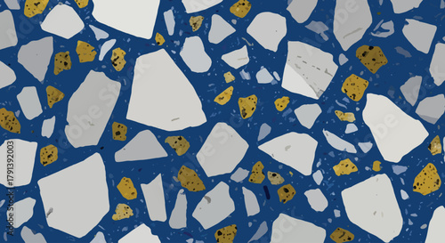 Mediterranean blue terrazzo texture tile, Large white marble aggregate, Luxury blue terrazzo flooring and wallpaper, Navy blue terrazzo with oversized white and gold flecks
