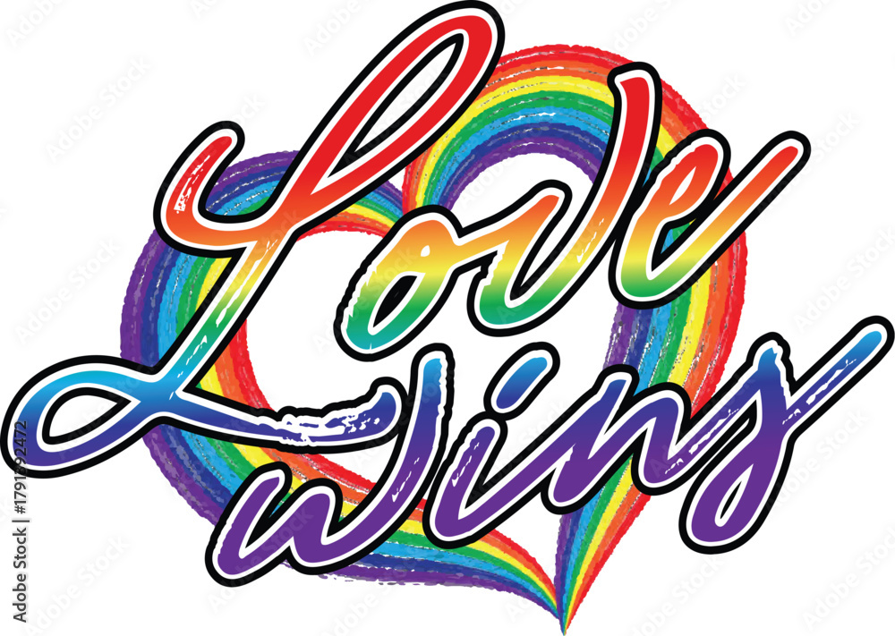 Obraz premium Love Wins - Pride Month Design With Bold Gradient Typography, Hand-Painted Rainbow Brushstroke, And Rainbow Heart Icon