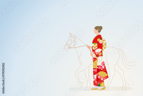 Japanese woman in a red kimono walking with a horse, traditional culture illustration
