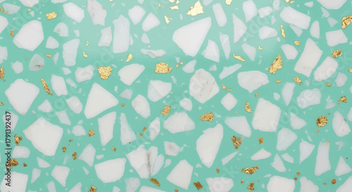 Mint green terrazzo background with white marble chips and gold accents, Contemporary terrazzo texture, Tropical and coastal terrazzo pattern