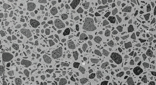 Monochromatic grey terrazzo with various sized granite pieces, concrete base, Neutral gray terrazzo surface, Industrial chic design