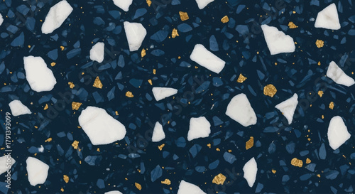 Navy blue terrazzo with white carrara marble pieces and gold speckles, Deep blue terrazzo surface, Coastal and yacht style terrazzo texture