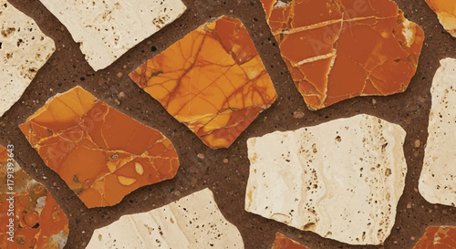 Rustic earth toned terrazzo texture with large orange jasper and cream travertine chips, Natural stone terrazzo flooring and Wallpaper, Rustic red and orange and beige pattern