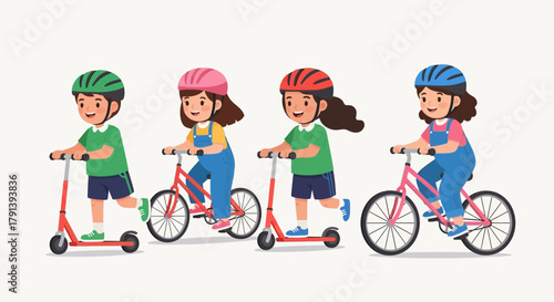Four young children, two on scooters and two on bicycles, are wearing helmets and enjoying a fun ride.