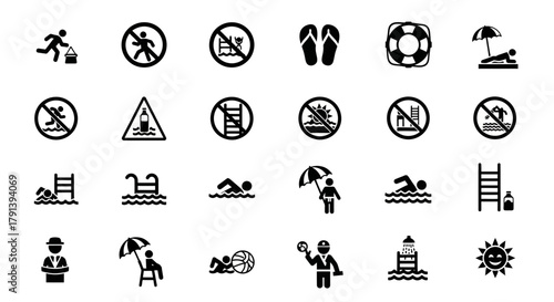 Collection of black and white swimming pool safety and activity icons, including swimming, diving, and prohibited actions.