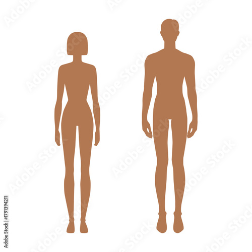 Male and Female body silhouettes Brown Tan skin color diversity shades front view vector set. Inclusive beauty human anatomy template, multicultural variation, man women different art, fashion concept