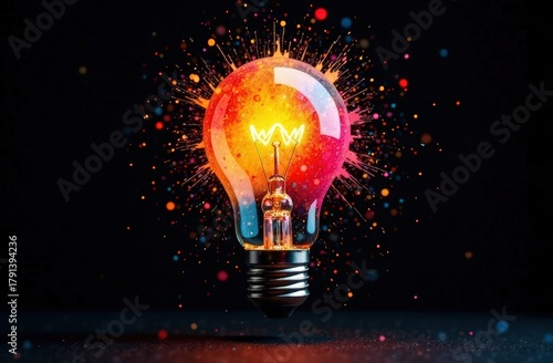 Creative light bulb explodes with colorful paint and splashes on a black background. Think differently creative idea concept. High quality photo
