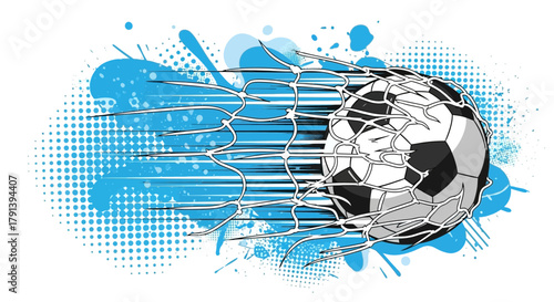A soccer ball is shown hitting the net with speed, accompanied by blue paint splatter effect.
