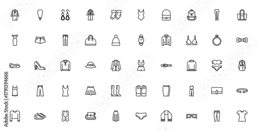 Woman Fashion icon set. Vector illustration. Include symbols for suit, necklac, earrings, swimsuit, bag,dress, jeans, shoes, hat, acket and more. Editable sroke.