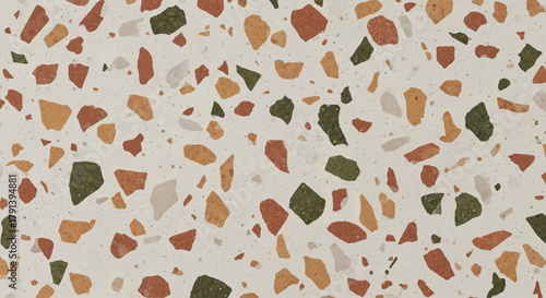 Terrazzo pattern with earth tone stone chips on beige background, Vintage terrazzo texture, Organic stone pieces in warm autumn colors