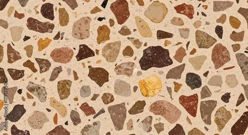 Earth tone terrazzo pattern with natural stone chips in brown, tan, and ochre on sandy background, Rustic organic feel