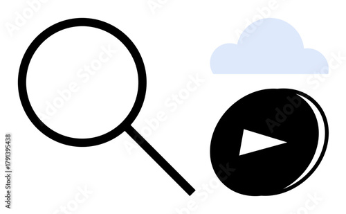 Magnifying glass, cloud, and play button representing search, cloud storage, digital content, streaming, research, technology and information management. Ideal for discovery media and tech