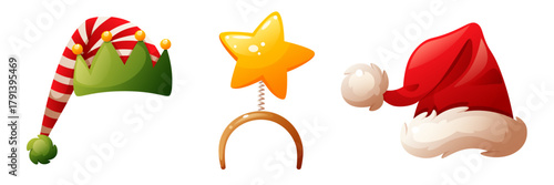 Three festive hats including a Santa Claus hat, an elf hat with stripes, and a yellow star headband. Perfect for holiday celebrations.