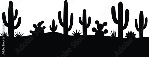Cactus desert landscape silhouette illustration, wild nature plant scene, minimal vector artwork, prickly cactus graphic design, isolated black environment