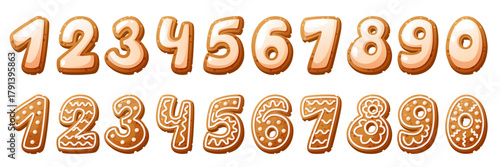 Gingerbread cookies shaped like numbers 0 to 9. Each cookie is decorated with colorful icing patterns. Perfect for New Year celebrations.