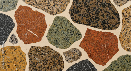 Vintage terrazzo texture with large granite fragments in earth tones, beige base, Warm color palette terrazzo, Abstract rustic stone pattern