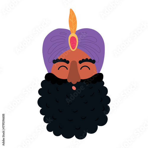 One of three kings, king Balthazar face isolated on transparent background. Hand drawn flat vector illustration. Cartoon character. Epiphany Day, Christmas design element, clip art
