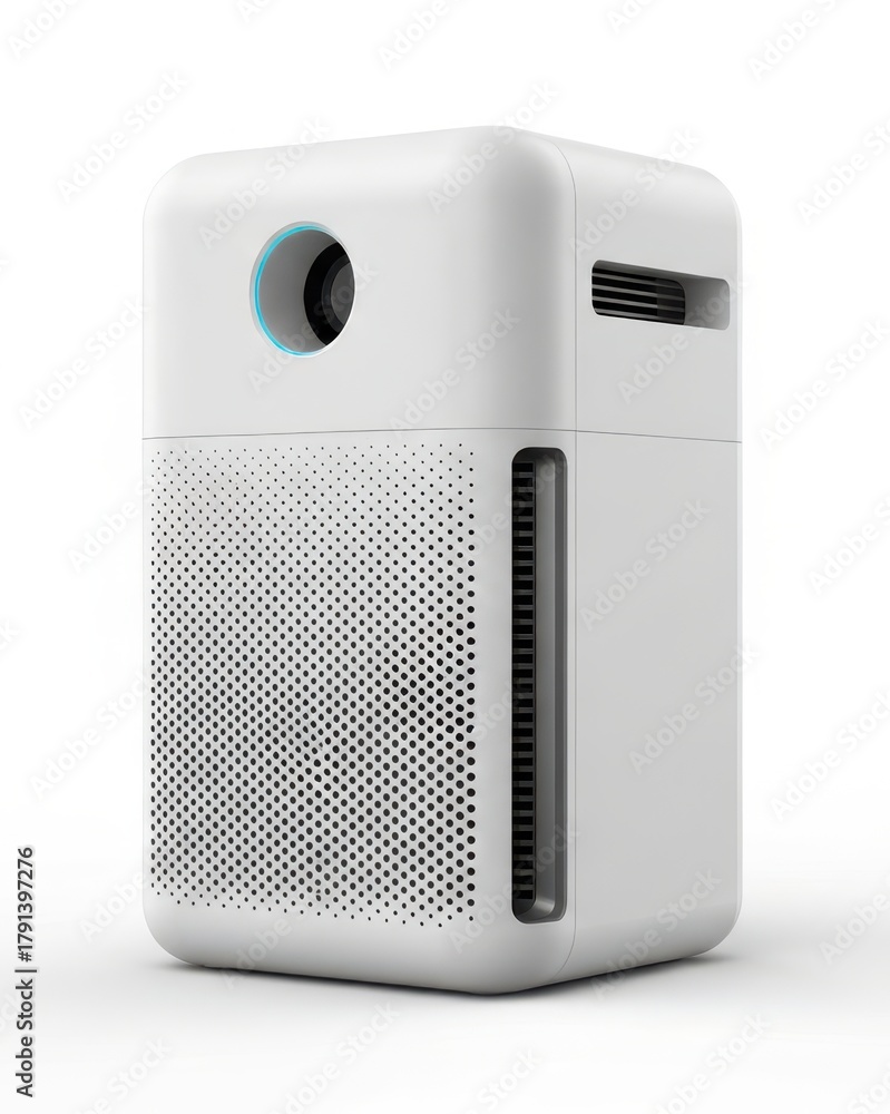 Obraz premium Modern white electronic device features a perforated front surface and indicator light detail