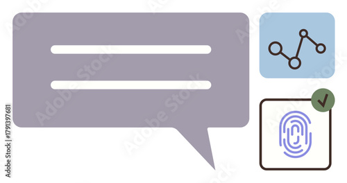 Speech bubble with message lines, fingerprint authentication icon with checkmark, data analytics icon. Ideal for technology, security, communication, analysis, UI design messaging innovation. A