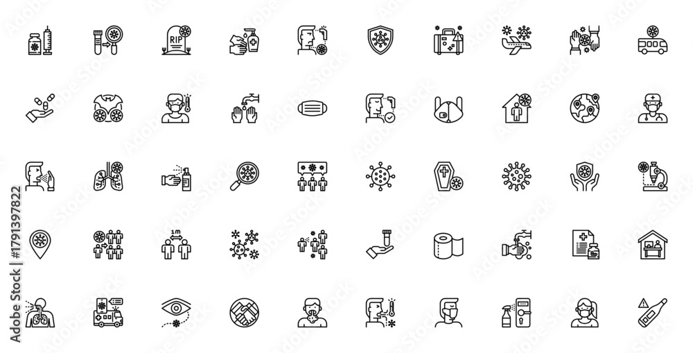 Fototapeta premium Coronavirus icon set. Vector line icons pack. Featurng vaccine, mask, pandemic protection, sanitizer, soial distance, symptoms andmore. Editable stroke.