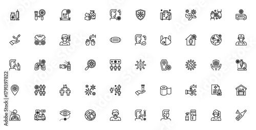 Coronavirus icon set. Vector line icons pack. Featurng vaccine, mask, pandemic protection, sanitizer, soial distance, symptoms andmore. Editable stroke.