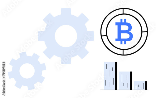 Gears symbolizing mechanics, Bitcoin currency sign within a circle, and a growth chart. Ideal for blockchain, cryptocurrency, fintech, innovation, technology data growth-related themes. Simple flat