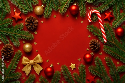 Wallpaper Mural Christmas background top view with fir branches and decorations creating a festive holiday composition Torontodigital.ca